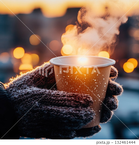 Close up of hands holding steaming coffee cup. Soft light and gentle atmosphere captured in one frame. Close up of hands holding steaming coffee cup. Soft light and gentle atmosphere captured in one frame. 132461444