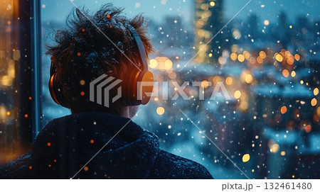 Cozy indoor scene with faceless young man by window. A reflective moment of calm and slow living. Cozy indoor scene with faceless young man by window. A reflective moment of calm and slow living. 132461480