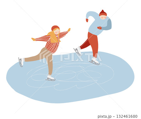 Outdoor skating rink with people skating. Man and woman on the rink, vector flat illustration. Winter sport clipart isolated on white background 132461680