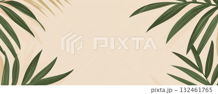 Tropical leaves frame. Green color tropics foliage on Peach fuzz solid background. Empty space in the center for product presentation. Flat lay, top view, copy space. Summer concept, minimalists style 132461765