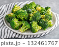 Freshly cooked fried broccoli in a golden crispy breading. The dish was served on a stylish ceramic plate and lay on a cloth napkin in cages. Suitable for food blogs, restaurant menus. Healthy eating 132461767