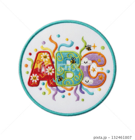 Playful and colorful embroidered patch featuring alphabet letters A, B, and C. This happy and whimsical embroidery design is perfect for learning and children craft 132461807