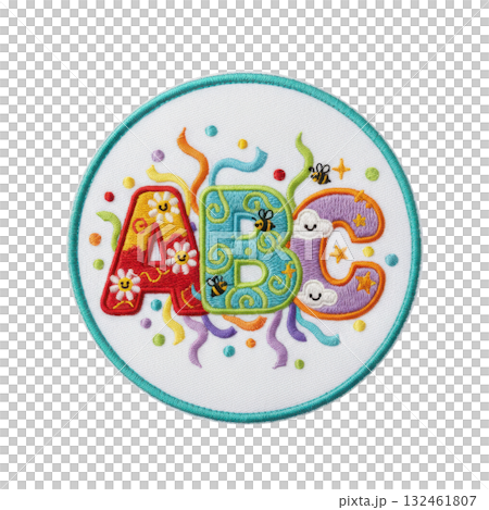 Playful and colorful embroidered patch featuring alphabet letters A, B, and C. This happy and whimsical embroidery design is perfect for learning and children craft 132461807