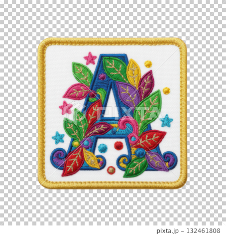 Cheerful embroidered patch of alphabet letter A. This colorful embroidery applique decoration has vibrant and playful design, perfect for any craft project 132461808
