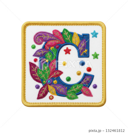 Joyful embroidered patch of colorful alphabet letter C. This ornate and decorative craft element features festive leaves and stars, perfect for personalization 132461812
