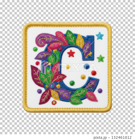 Joyful embroidered patch of colorful alphabet letter C. This ornate and decorative craft element features festive leaves and stars, perfect for personalization 132461812