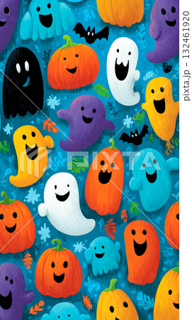 Illustration in a hand-drawn style. Many colorful ghosts, pumpkins, and bats. They are scattered throughout the illustration. Halloween. Illustration in a hand-drawn style. Many colorful ghosts, pumpkins, and bats. They are scattered throughout the illustration. Halloween. 132461920