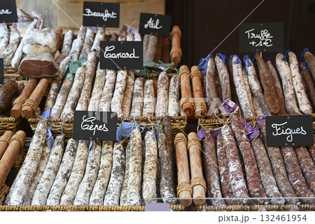 Saucisson selection at a market in Sarlat, Dordogne, showcasing traditional dried sausages from the 132461954