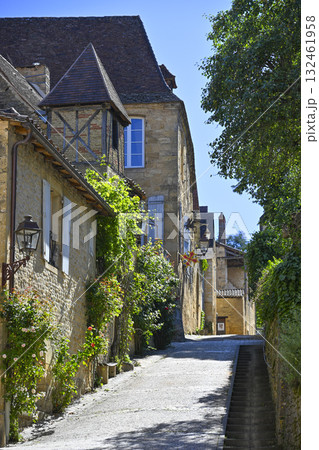 Charming street in Sarlat, Dordogne, featuring traditional architecture and lush greenery along Rue 132461958