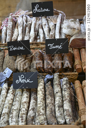Saucisson selection at a market in Sarlat, Dordogne, showcasing traditional dried sausages from the Saucisson selection at a market in Sarlat, Dordogne, showcasing traditional dried sausages from the 132461960