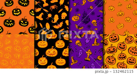 Halloween hand drawn seamless patterns. Cross rip and bat, dead eye and witch hat. Pumpkin spider 132462115