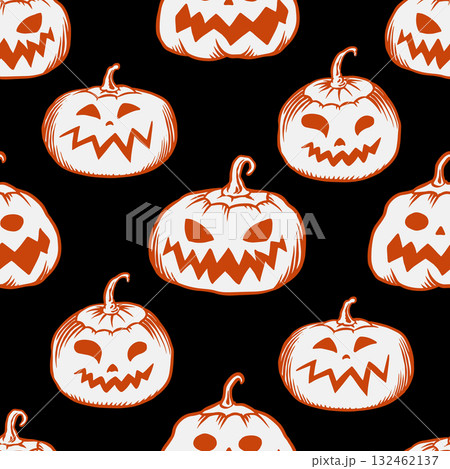 Scary halloween orange pumpkins seamless pattern for gift wrap or package. Trick or threat. Hand Scary halloween orange pumpkins seamless pattern for gift wrap or package. Trick or threat. Hand 132462137