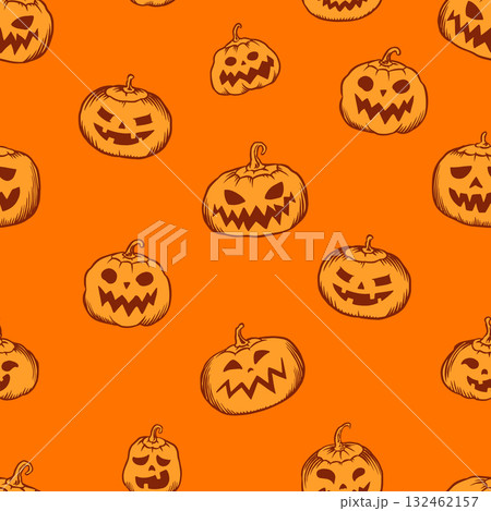 Scary halloween orange pumpkins seamless pattern for gift wrap or package. Trick or threat. Hand 132462157