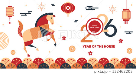 Geometric Chinese New Year 2026 banner with stylized horse, lanterns and lucky motifs, red gold and navy palette. Modern geometric neo geo style. Perfect for posters, cards, prints and social media. Geometric Chinese New Year 2026 banner with stylized horse, lanterns and lucky motifs, red gold and navy palette. Modern geometric neo geo style. Perfect for posters, cards, prints and social media. 132462205