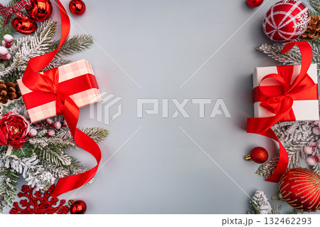 Classic Christmas Gifts with Red Ribbons and Festive Decor Classic Christmas Gifts with Red Ribbons and Festive Decor 132462293