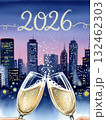 Two champagne glasses clink together, releasing effervescent bubbles against a backdrop of a city skyline at dusk. The scene is illuminated by the numbers "2026" 132462303