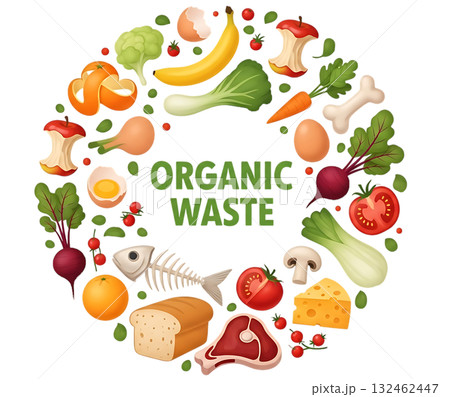 Assorted food scraps arranged in a circle with text isolated on a transparent background food waste 132462447