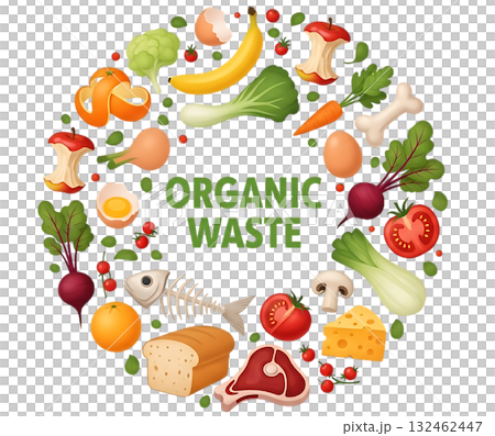 Assorted food scraps arranged in a circle with text isolated on a transparent background food waste 132462447