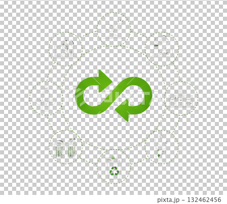 Circular economy diagram with green arrows and icons isolated on a transparent background recycling 132462456