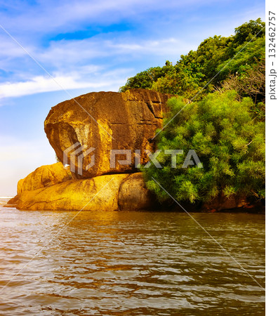 Golden Rock Formation and Lush Tropical Greenery on a Coastline Golden Rock Formation and Lush Tropical Greenery on a Coastline 132462757