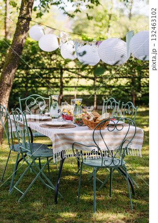 Rustic garden table prepared for summer party. Rustic garden table prepared for summer party. 132463102