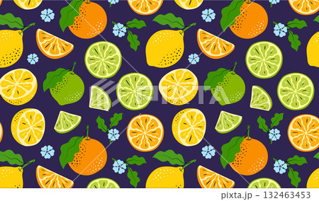 Seamless Citrus Fruits Pattern on Dark Background. Hand-drawn Oranges, Lemons, and Limes. Vector Illustration, Hero Image, Modern Design 132463453