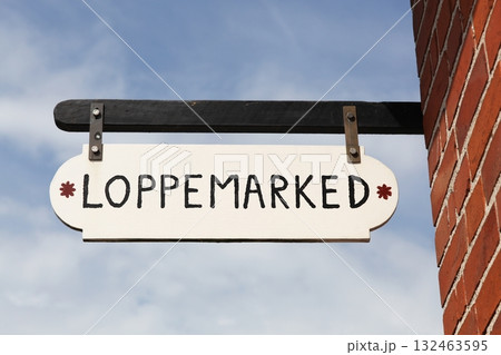 Flea market sign in Denmark called loppemarked in Danish language 132463595