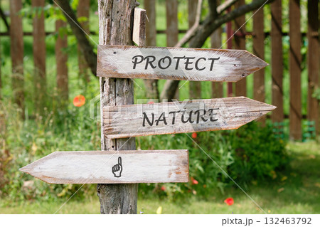 A signpost stands in a lush garden, highlighting the importance of nature preservation. The words Protect and Nature invite visitors to embrace eco-friendly practices in their surroundings 132463792