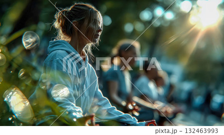 Woman practicing meditation in nature with morning sunlight, symbolizing mindfulness, inner peace, and outdoor wellness Woman practicing meditation in nature with morning sunlight, symbolizing mindfulness, inner peace, and outdoor wellness 132463993