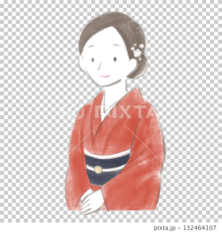 赤い着物を着た女性の上半身イラスト(和風・日本文化) 赤い着物を着た女性の上半身イラスト(和風・日本文化) 132464107