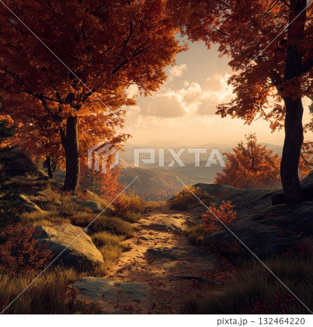 A peaceful autumn trail with vibrant mountain views 132464220