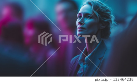 A woman with wavy hair gazes upward in a vibrant crowd, illuminated by striking blue and purple neon lights 132464239