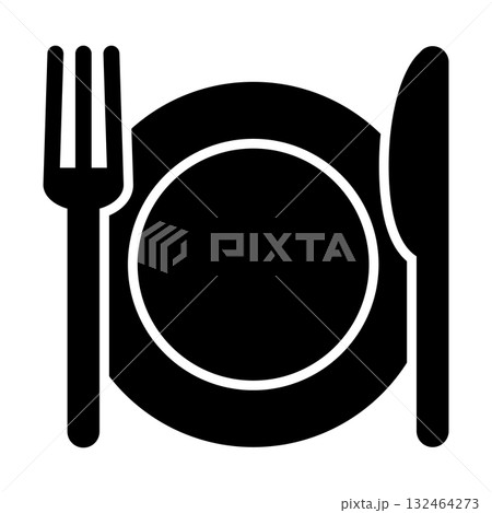 Black silhouette of a dinner plate with fork and knife. Simple restaurant icon isolated on white background. Minimalist food and dining symbol for cafe, catering, menu, and culinary design concepts Black silhouette of a dinner plate with fork and knife. Simple restaurant icon isolated on white background. Minimalist food and dining symbol for cafe, catering, menu, and culinary design concepts 132464273
