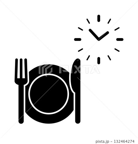Black silhouette of a plate, fork, and knife with clock symbol above. Meal time icon representing lunch, dinner, or breakfast schedule. Simple dining time concept for restaurant, cafe, and food design Black silhouette of a plate, fork, and knife with clock symbol above. Meal time icon representing lunch, dinner, or breakfast schedule. Simple dining time concept for restaurant, cafe, and food design 132464274