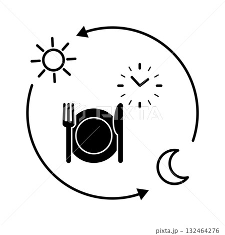 Circadian rhythm eating schedule concept. Minimalist black line icon showing meal timing with sun moon and clock symbols. Intermittent fasting and biological daily cycle health lifestyle illustration 132464276