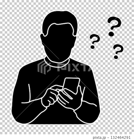 Silhouette illustration of a man confused about how to operate a smartphone 132464291