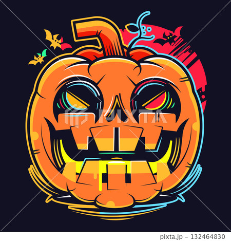 Halloween pumpkins, bats, a cemetery and a scary castle against the backdrop of a spooky big orange moon. Festive flyer, poster or banner. illustration. Halloween pumpkins, bats, a cemetery and a scary castle against the backdrop of a spooky big orange moon. Festive flyer, poster or banner. illustration. 132464830