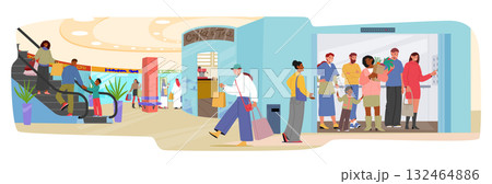 People in shopping mall using elevator and escalator to lift or down to next floor cartoon scene People in shopping mall using elevator and escalator to lift or down to next floor cartoon scene 132464886