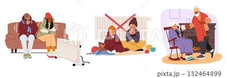 People of different ages suffering from home heating absence struggling with low temperature indoors 132464899