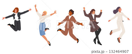 Young happy businesswomen cartoon characters jumping up high isolated set on white background Young happy businesswomen cartoon characters jumping up high isolated set on white background 132464907