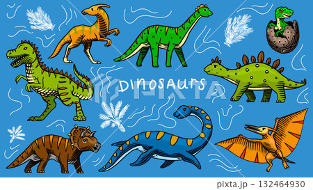 Set of dinosaurs. sketchy Hand drawn illustrations for kids clothes, childish . Tyrannosaurus Set of dinosaurs. sketchy Hand drawn illustrations for kids clothes, childish . Tyrannosaurus 132464930