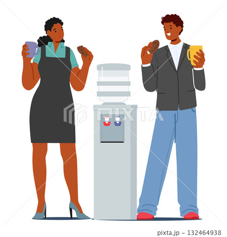 Business colleagues eating lunch enjoying nice conversation standing nearby water cooler scene 132464938