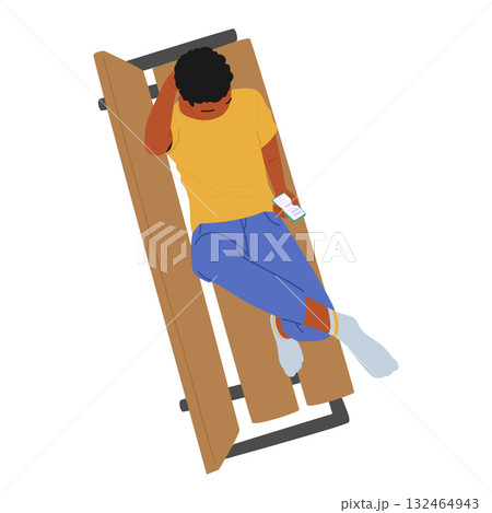 Young guy student cartoon character lying on public park bench surfing internet via mobile phone Young guy student cartoon character lying on public park bench surfing internet via mobile phone 132464943