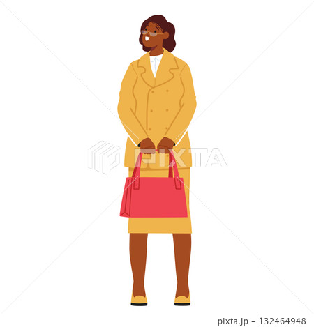 Mature businesswoman cartoon character wearing formal suit, eyeglasses holding bag isolated on white Mature businesswoman cartoon character wearing formal suit, eyeglasses holding bag isolated on white 132464948