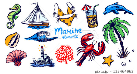Nautical marine elements with wave, dolphin sea creatures, palm, lighthouse.Coral, seashell, lobster Nautical marine elements with wave, dolphin sea creatures, palm, lighthouse.Coral, seashell, lobster 132464962
