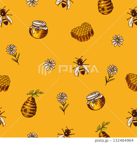 Apiary, beekeeping honey seamless pattern. Jars and a bee . Hand drawn spoon, honeycomb. Clover and 132464964