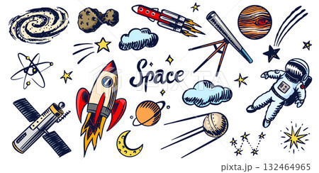 Hand drawn space doodles in sketchy style with rocket astronaut or spaceman, milky way galaxy Hand drawn space doodles in sketchy style with rocket astronaut or spaceman, milky way galaxy 132464965