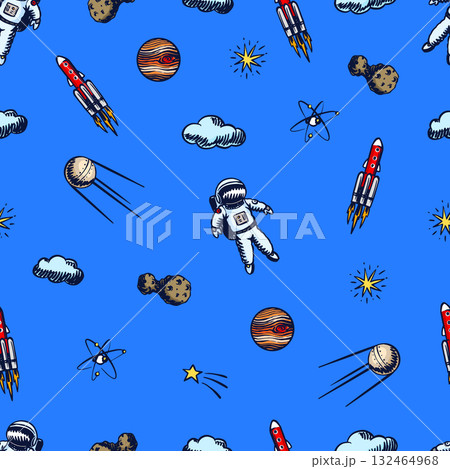 Hand drawn space doodles seamless patterns in sketchy style with rocket astronaut or spaceman 132464968