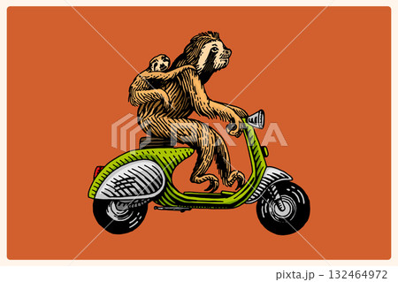 Cute Sloth with a baby on a scooter bike, motorcycle. Animal character on vehicle. Modern concept in 132464972