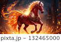 majestic red horse is depicted with flowing fiery orange mane and tail, surrounded by flames and embers. The horse is adorned with intricate golden armor featuring elaborate designs 132465000